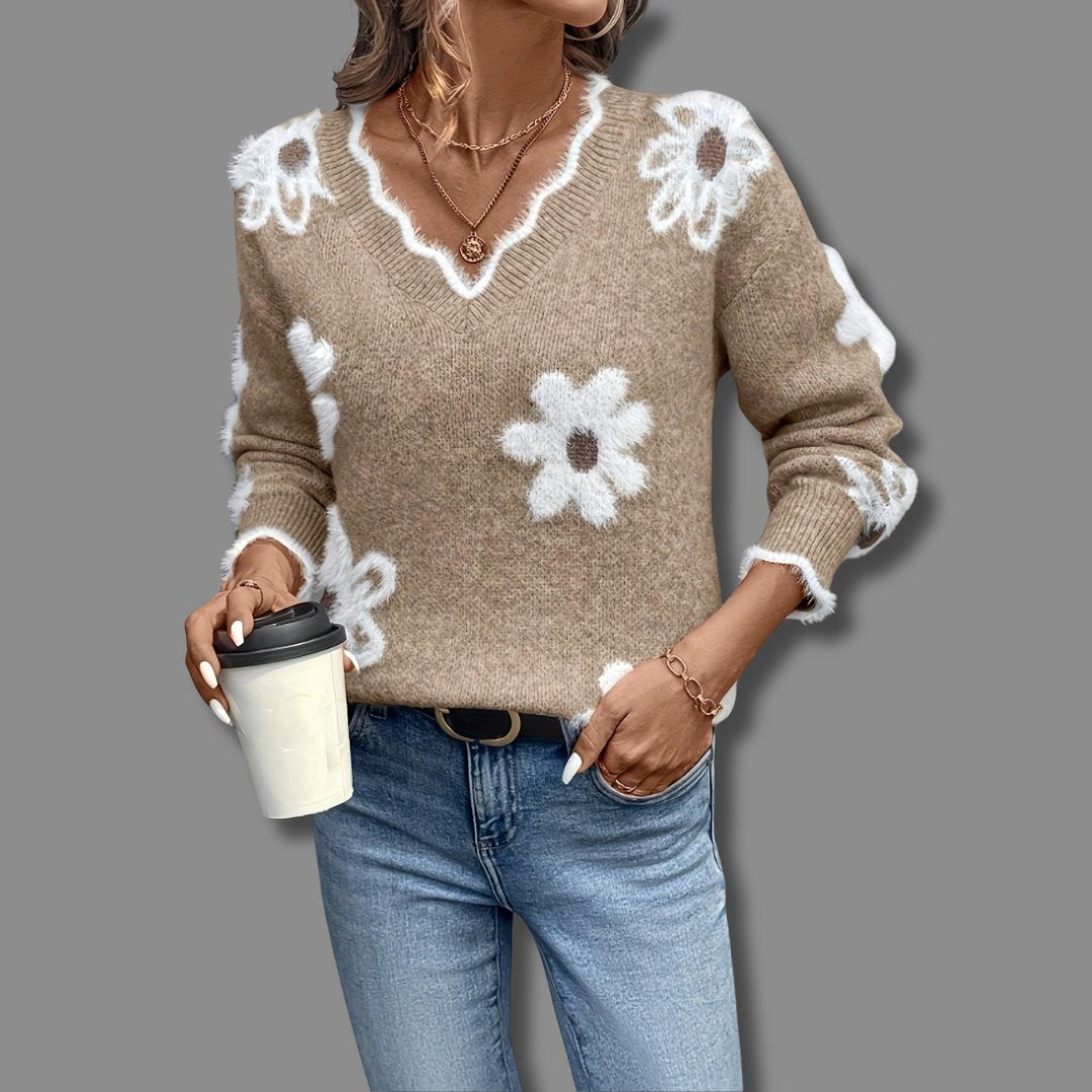 Women's Floral Wool V-Neck Jumper - Khaki