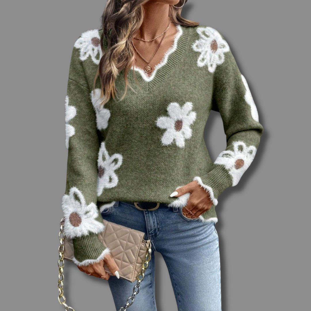 Women's Floral Wool V-Neck Jumper - Green