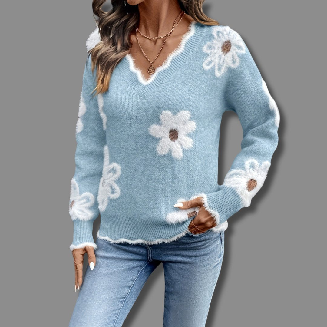 Women's Floral Wool V-Neck Jumper - Light Blue