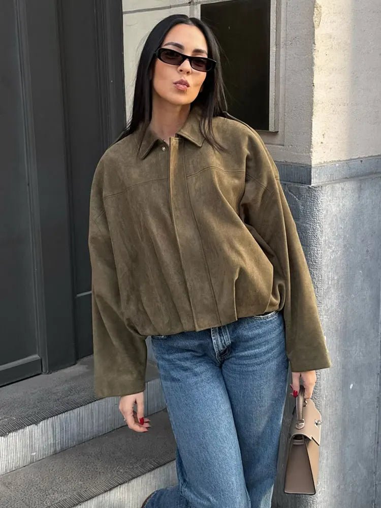 Women's Cropped Suede Jacket - Green