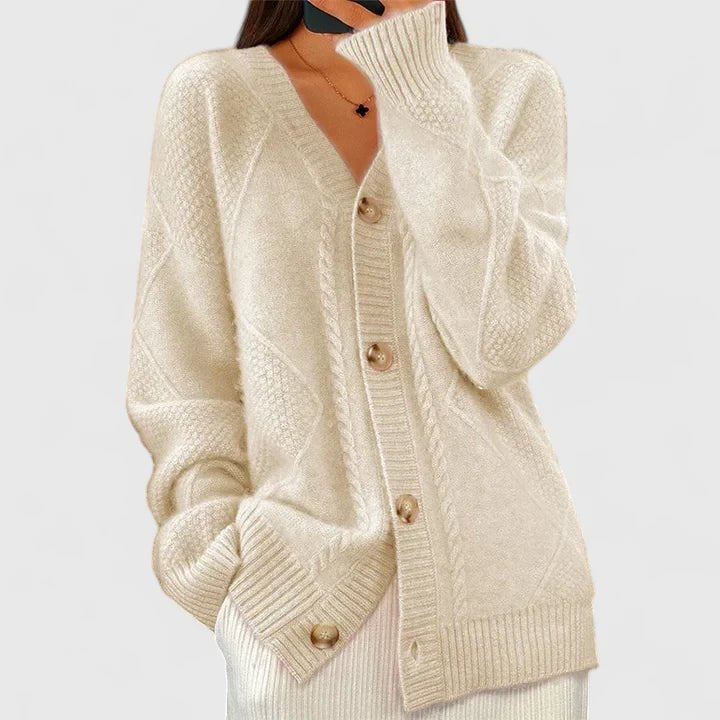 Women's Cable Knit Wool V-Neck Cardigan - Apricot