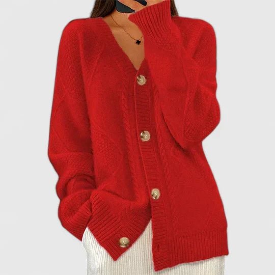 Women's Cable Knit Wool V-Neck Cardigan - Red