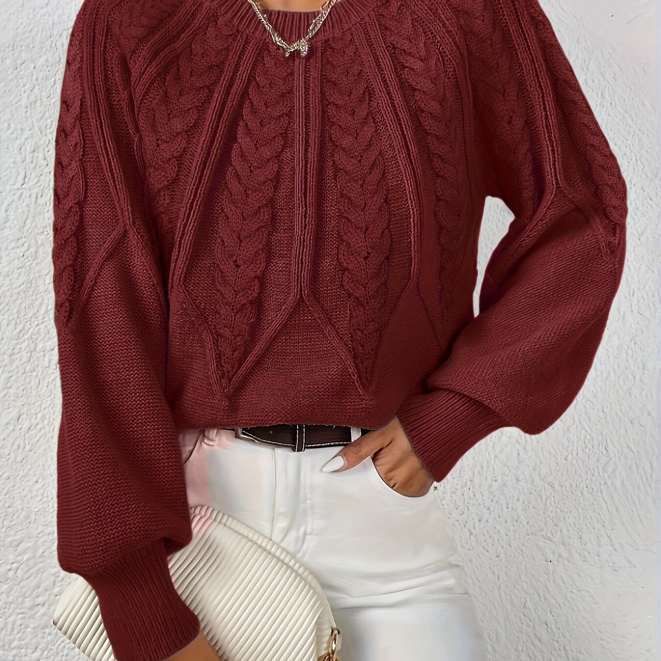 Women's Chunky Cropped Cable Knit Jumper - Burgundy
