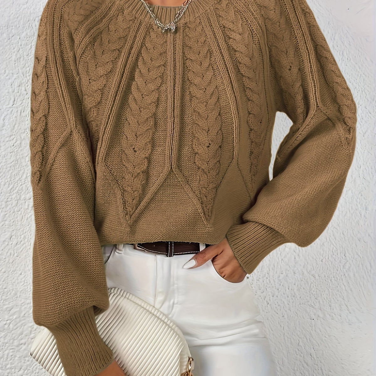 Women's Chunky Cropped Cable Knit Jumper - Camel