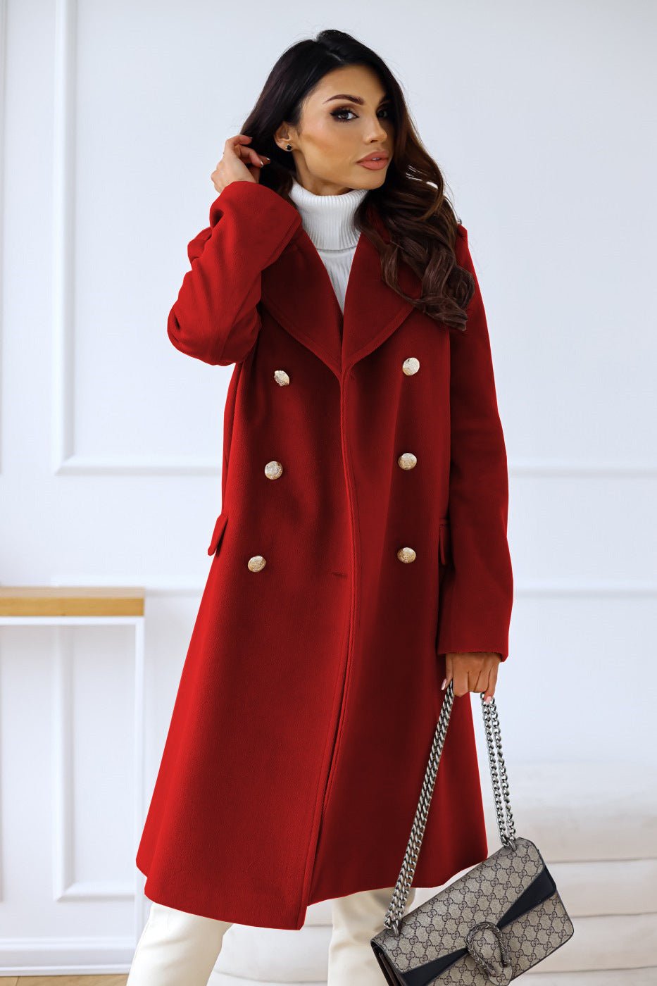 Women's Double-Breasted Belted Longline Wool Coat - Red