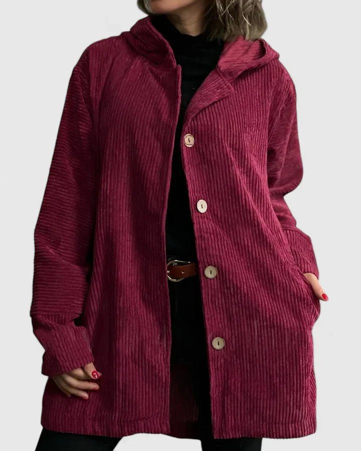Women's Corduroy Hooded Longline Jacket - Red