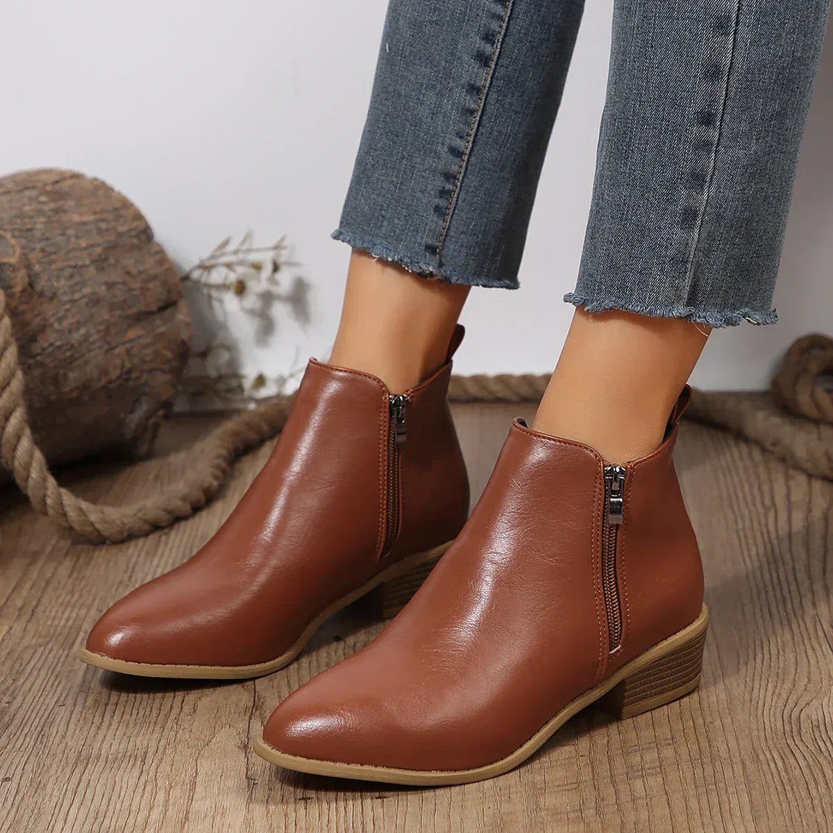 Women's Faux Leather Ankle Boots - Brown