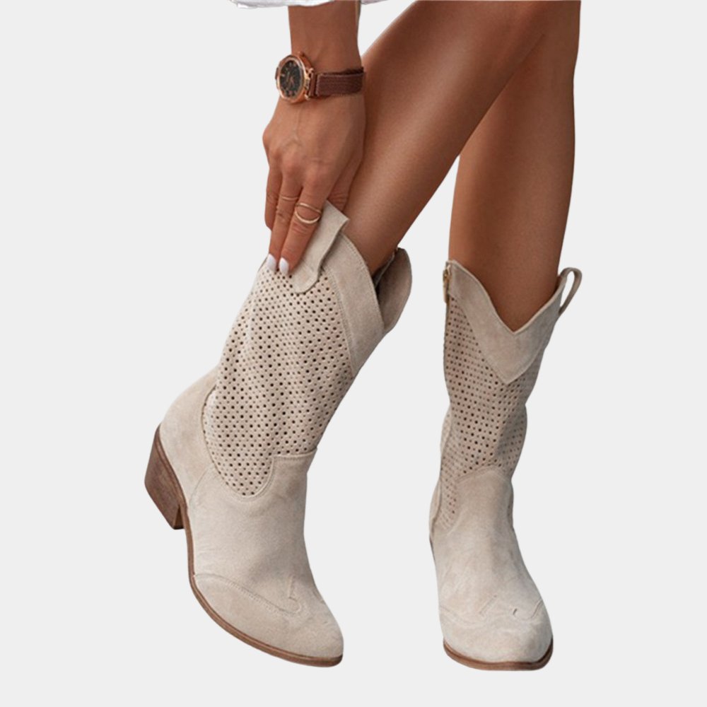 Women's Faux Leather Western Cowboy Boots - Beige