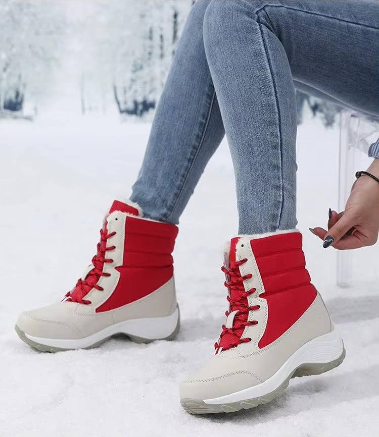 Women's Faux Leather Waterproof Platform Snow Ankle Boots - Red
