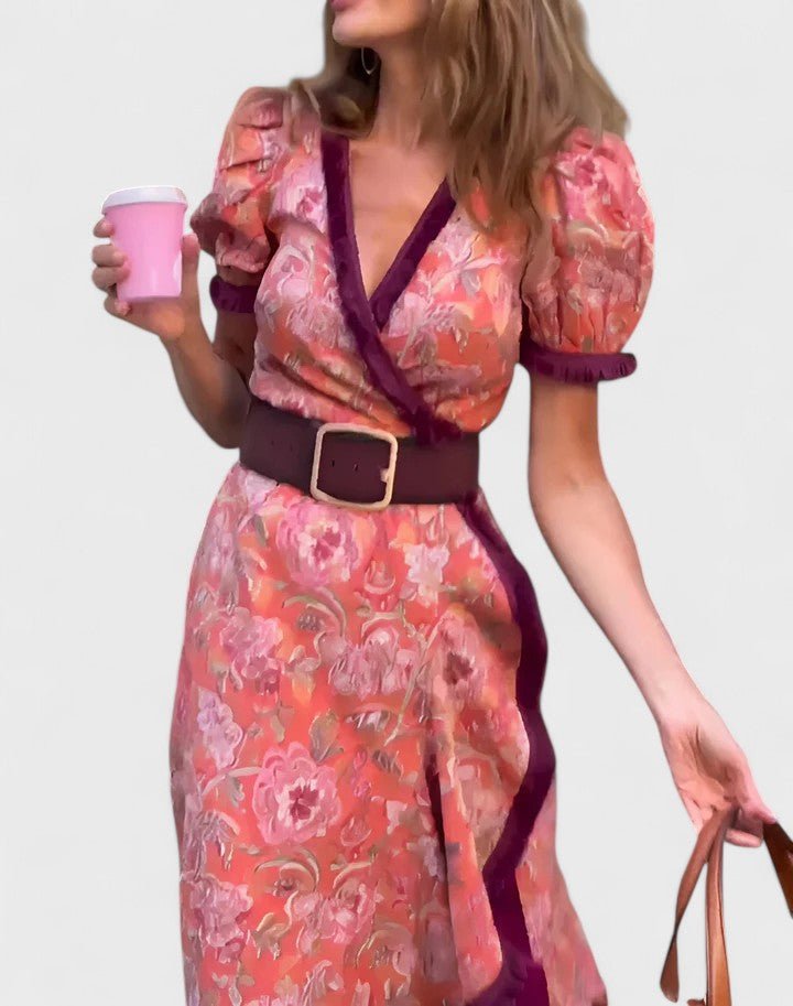Women's Floral Satin Wrap Midi Party Dress