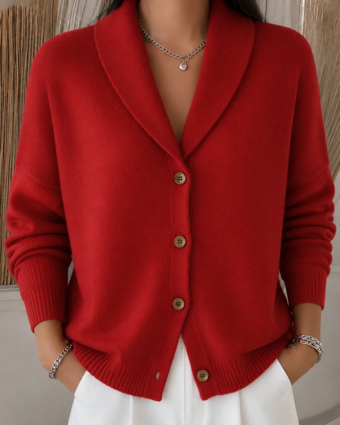 Women's Chunky Oversized Knit Ribbed V-Neck Cardigan - Red