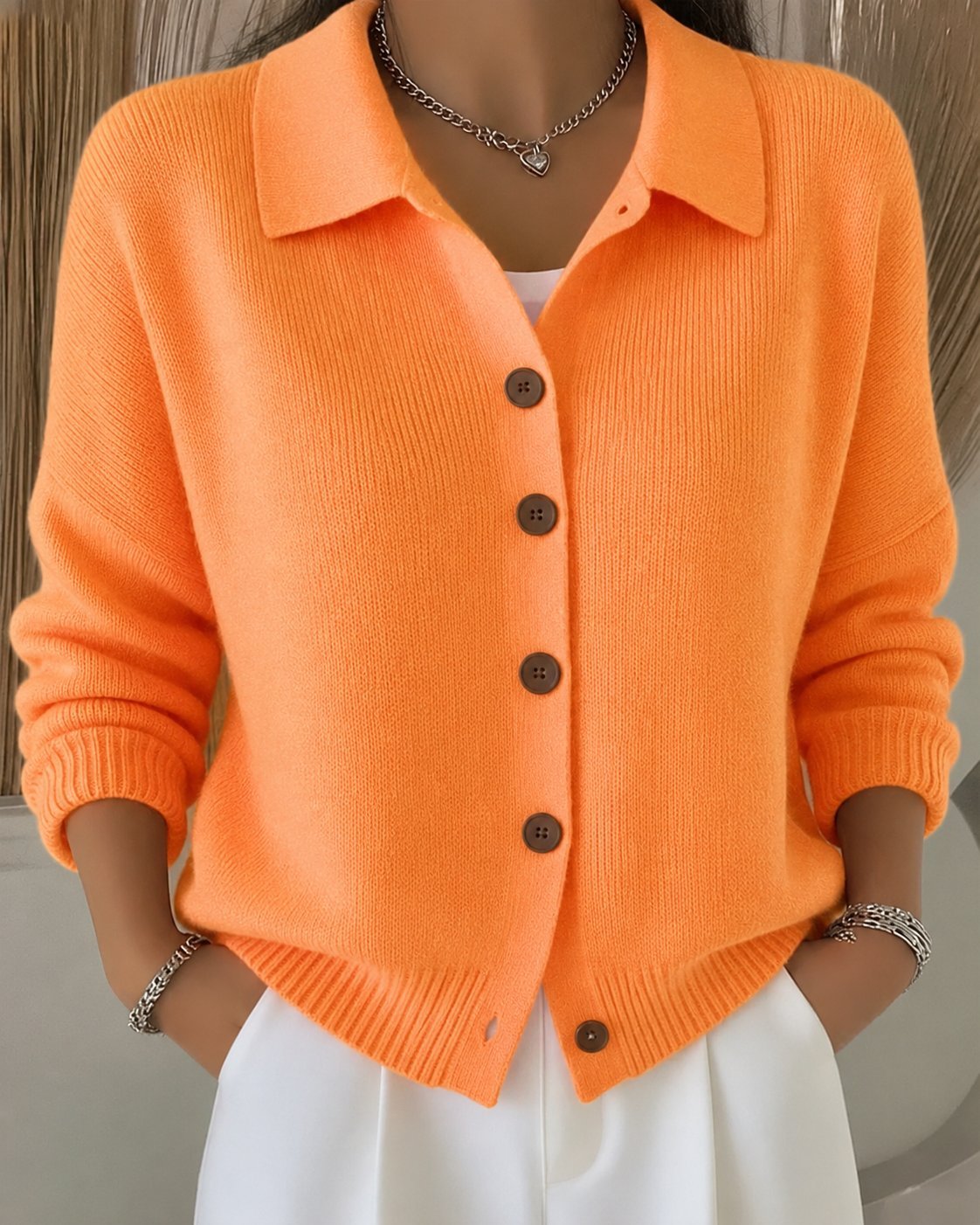 Women's Chunky Oversized Knit Ribbed V-Neck Cardigan - Orange