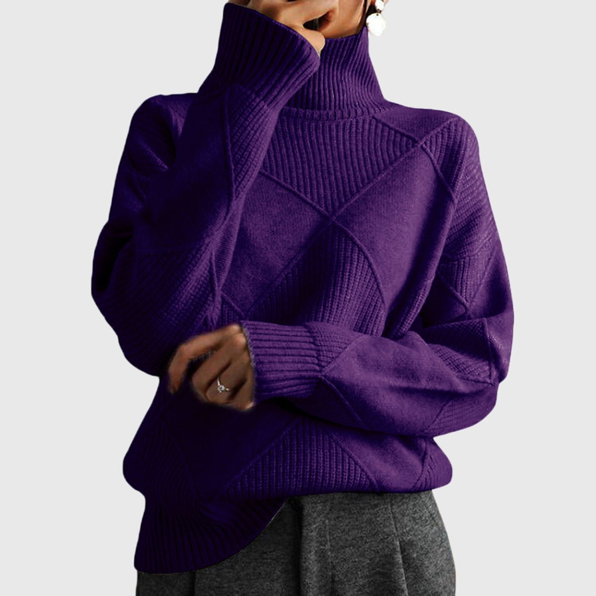 Women's Chunky Oversized Wool Roll Neck Jumper - Purple