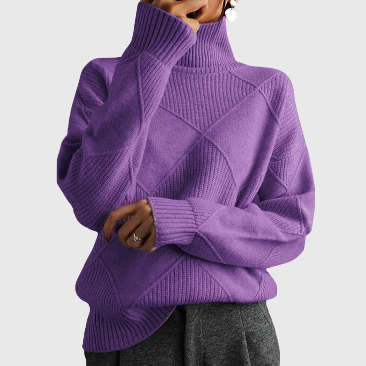 Women's Chunky Oversized Wool Roll Neck Jumper - Violet