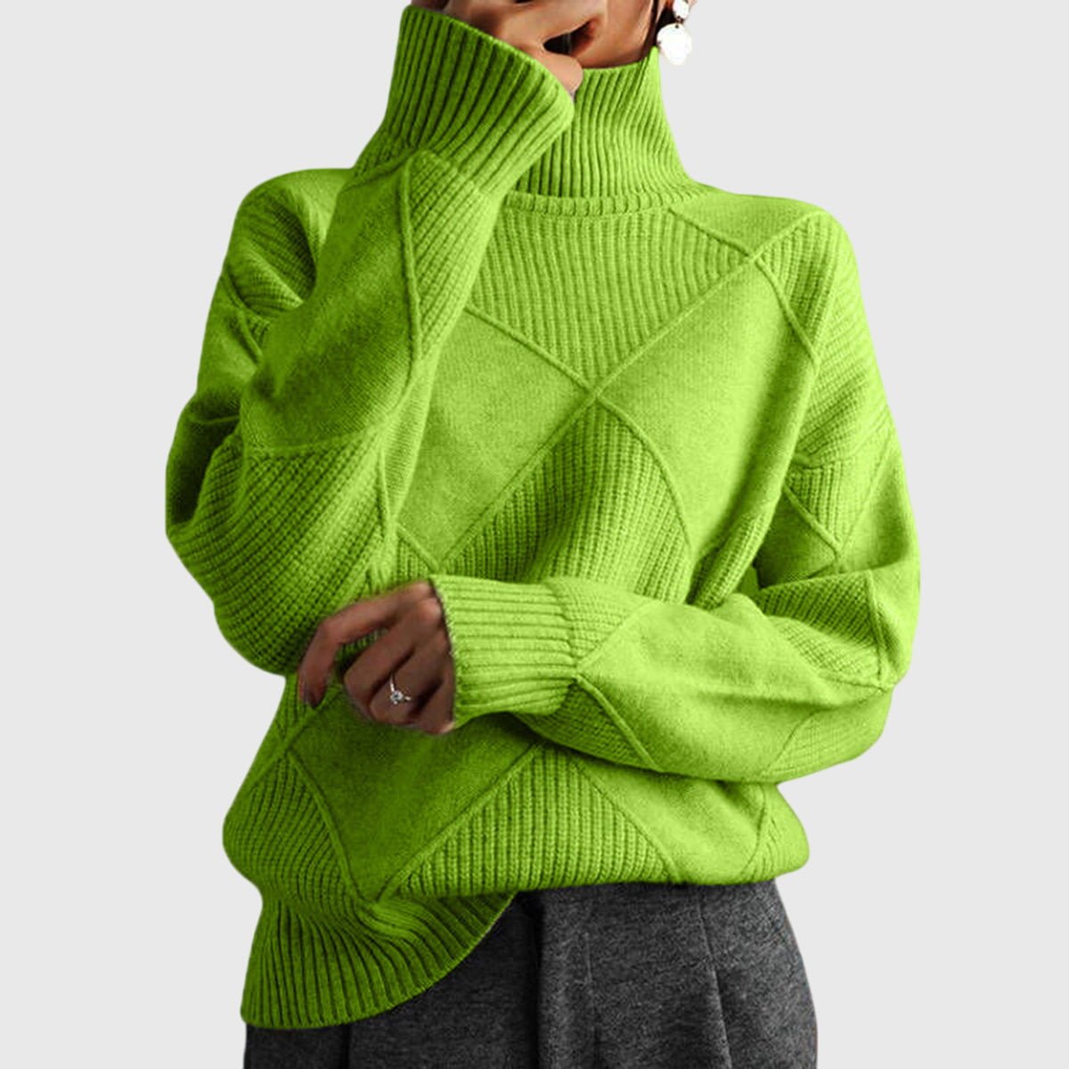 Women's Chunky Oversized Wool Roll Neck Jumper - Green