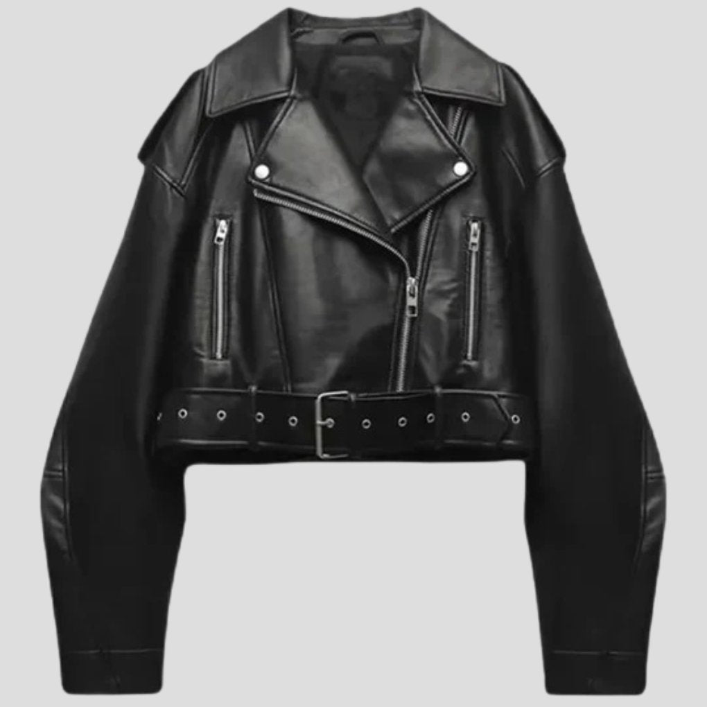 Women's Cropped Faux Leather Moto Belted Jacket - Black