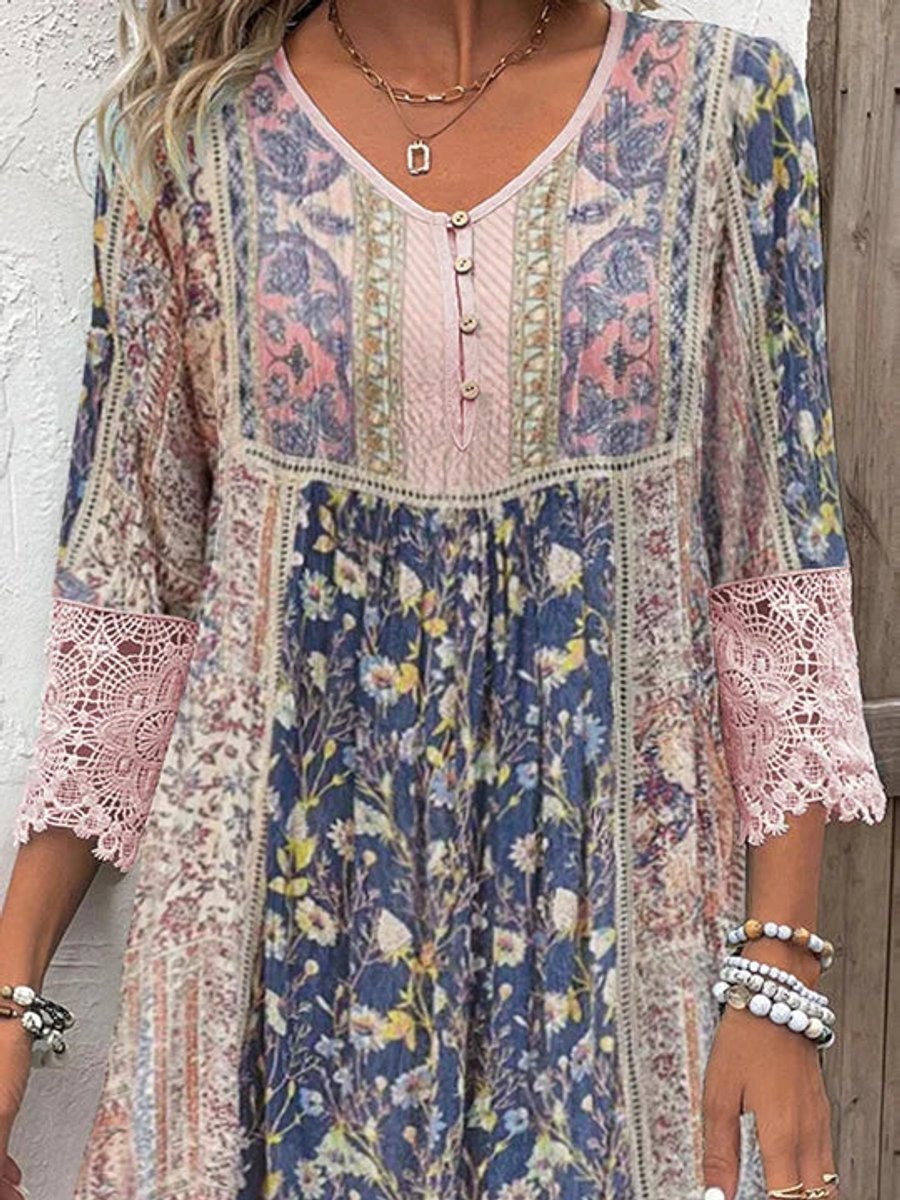 Women's Floral V-Neck Lace Midi Dress