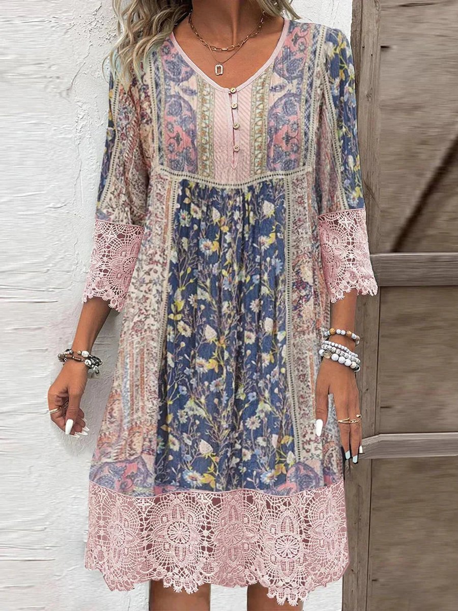 Women's Floral V-Neck Lace Midi Dress - Pink