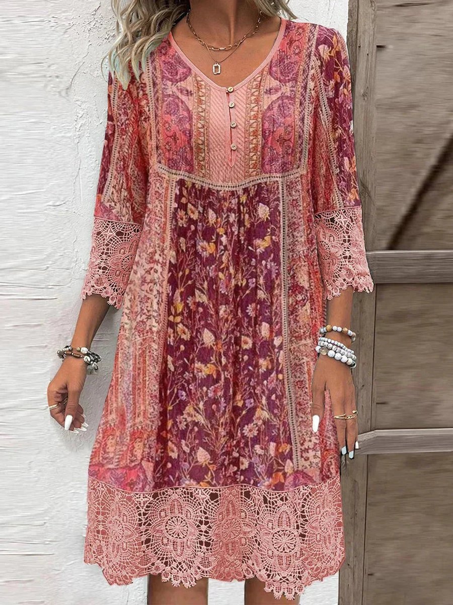 Women's Floral V-Neck Lace Midi Dress - Red