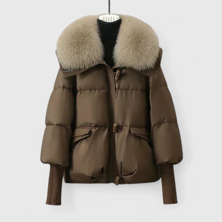 Women's Oversized Fur-Collar Faux Fur Puffer Jacket - Brown
