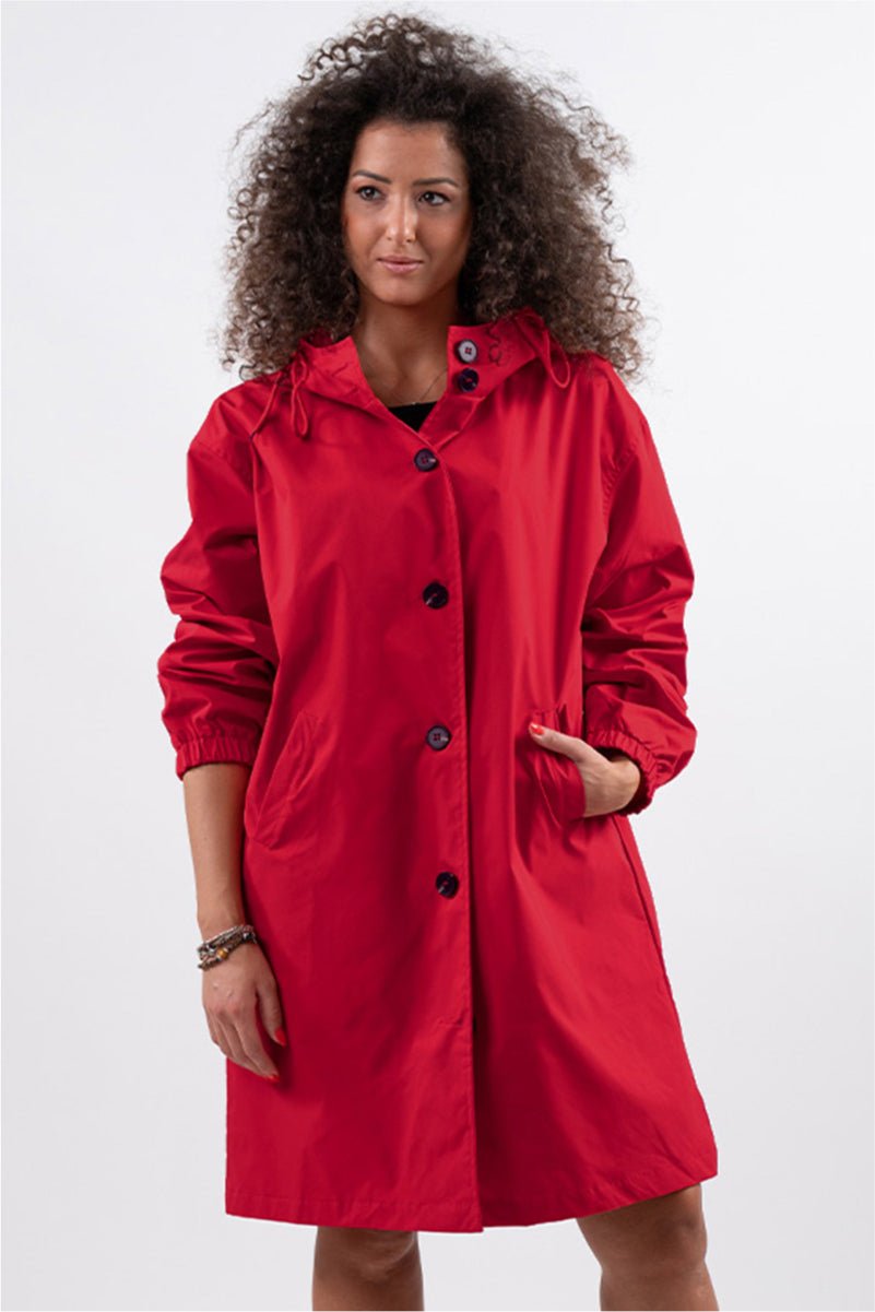 Women's Oversized Hooded Longline Coat - Cherry Red