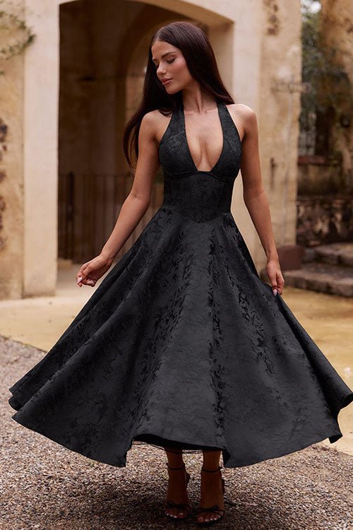 Women's Halter Party Midi Dress - Black