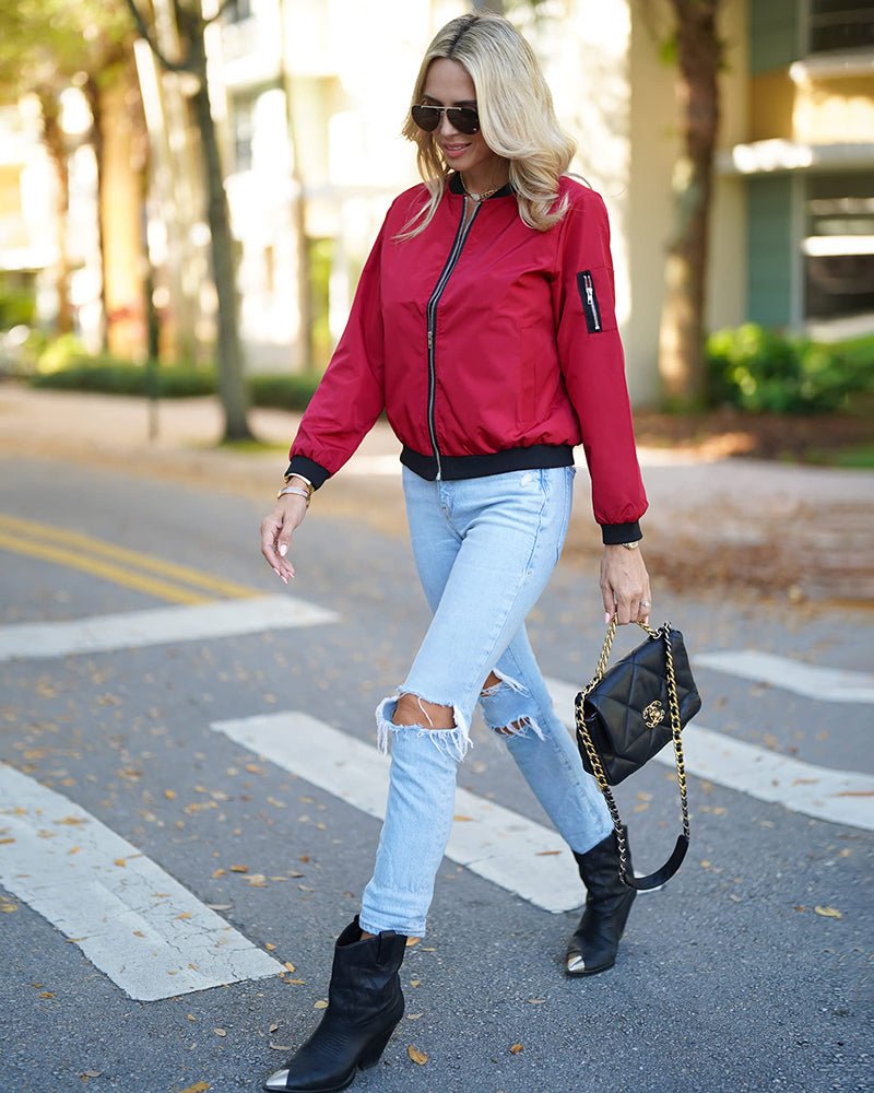 Women's Satin Cropped Bomber Jacket - Wine Red