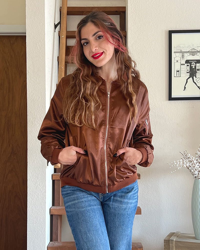 Women's Satin Cropped Bomber Jacket - Brown