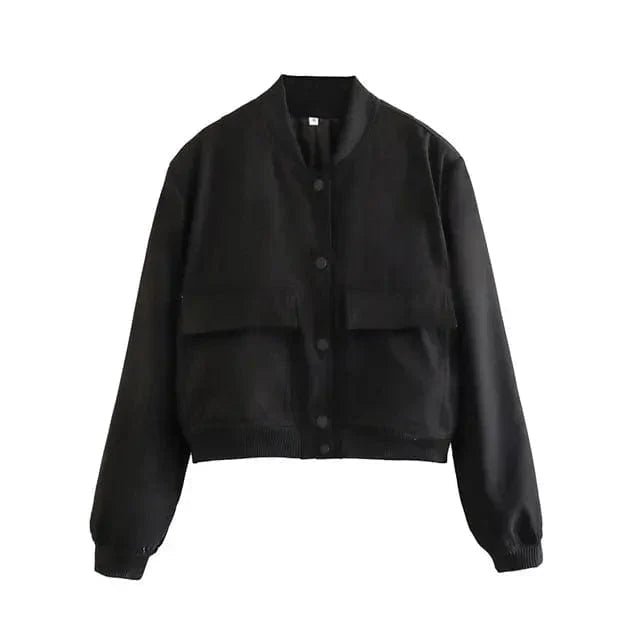 Women's Cropped Faux Leather Bomber Jacket - Black