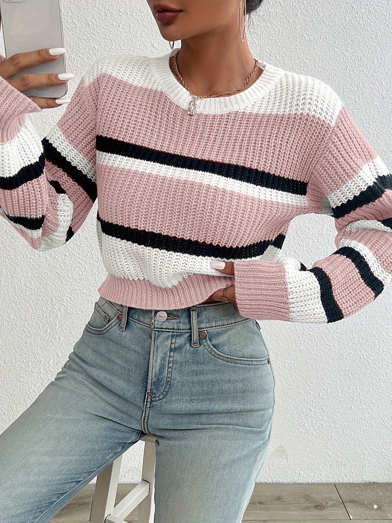 Women's Cropped Striped Ribbed Jumper