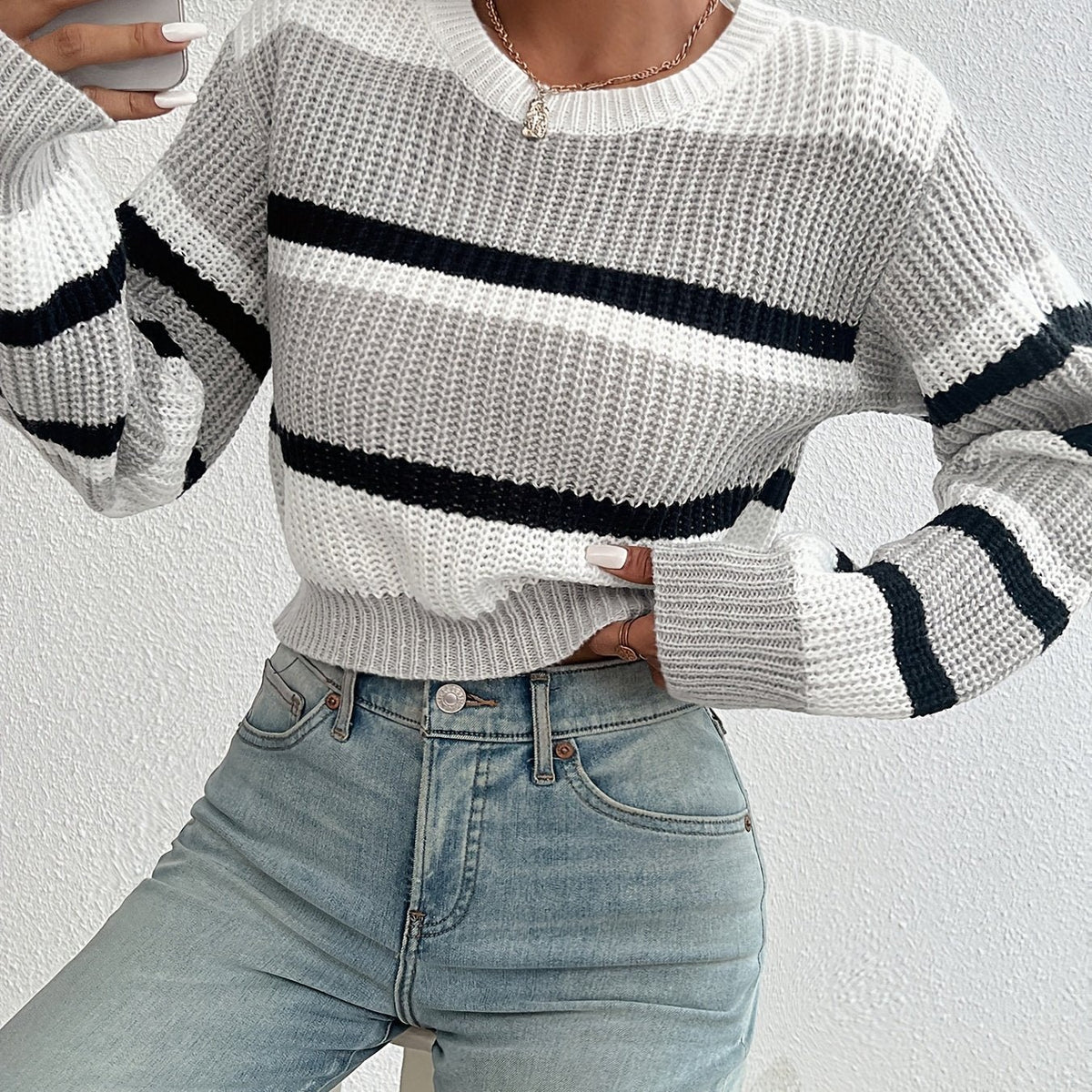 Women's Cropped Striped Ribbed Jumper - Mixed colours