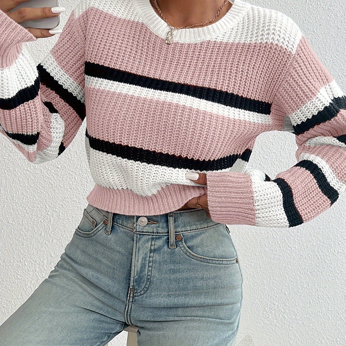 Women's Cropped Striped Ribbed Jumper - Pink