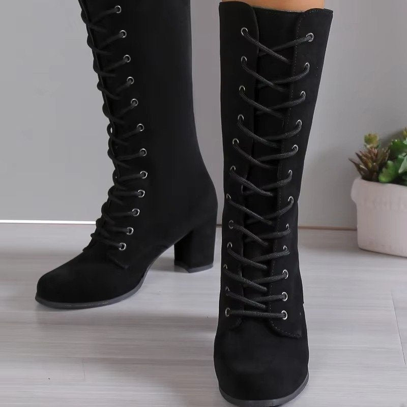 Women's Faux Suede Knee-High Boots - Black