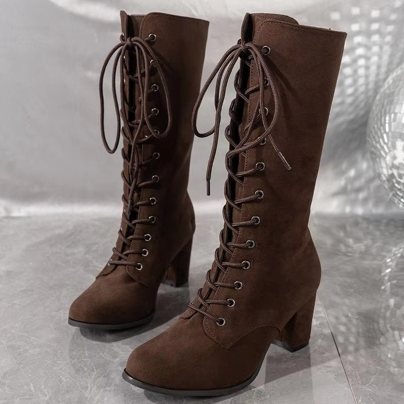 Women's Faux Suede Knee-High Boots - Coffee