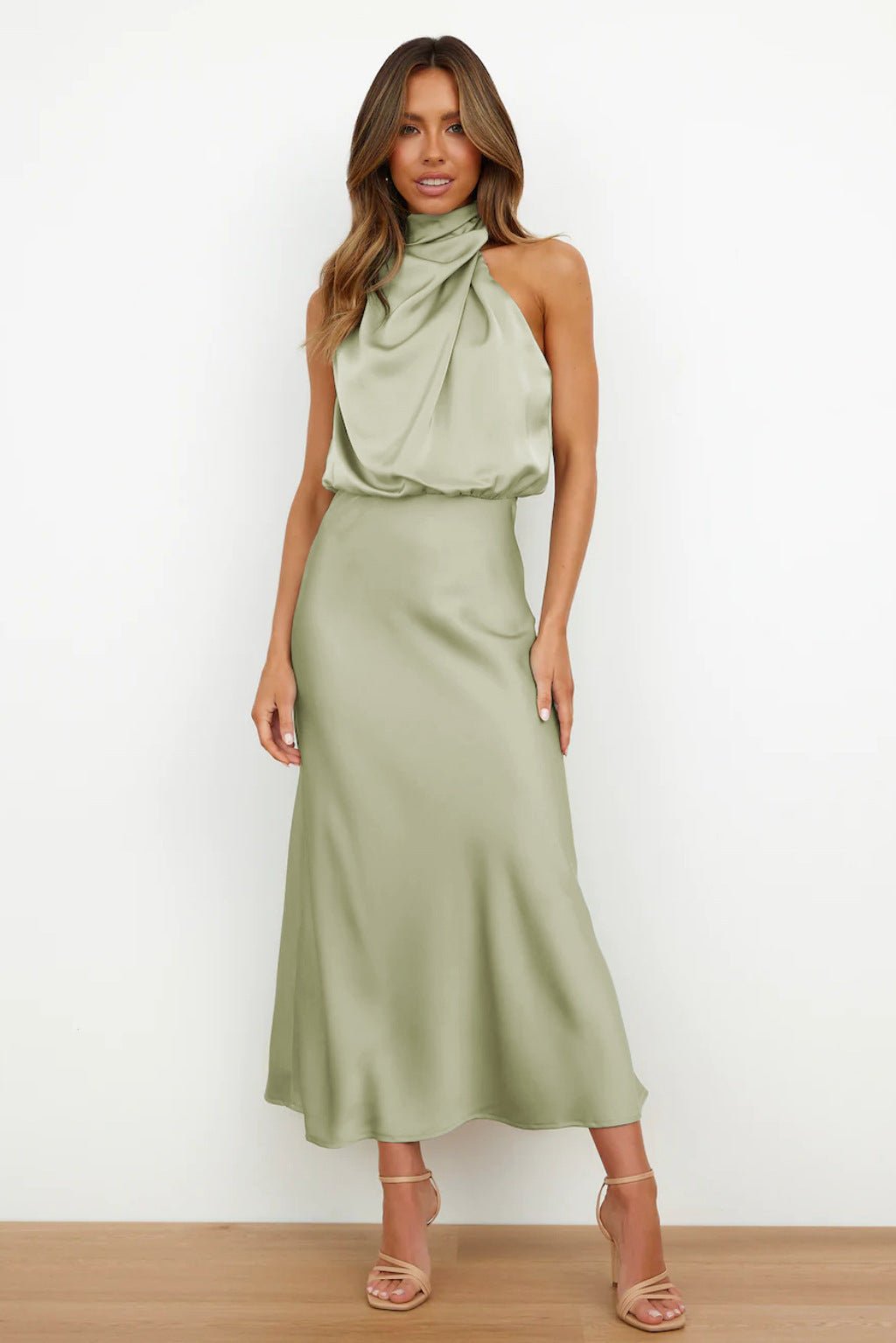 Women's Satin Halter Midi Party Dress - Light Green