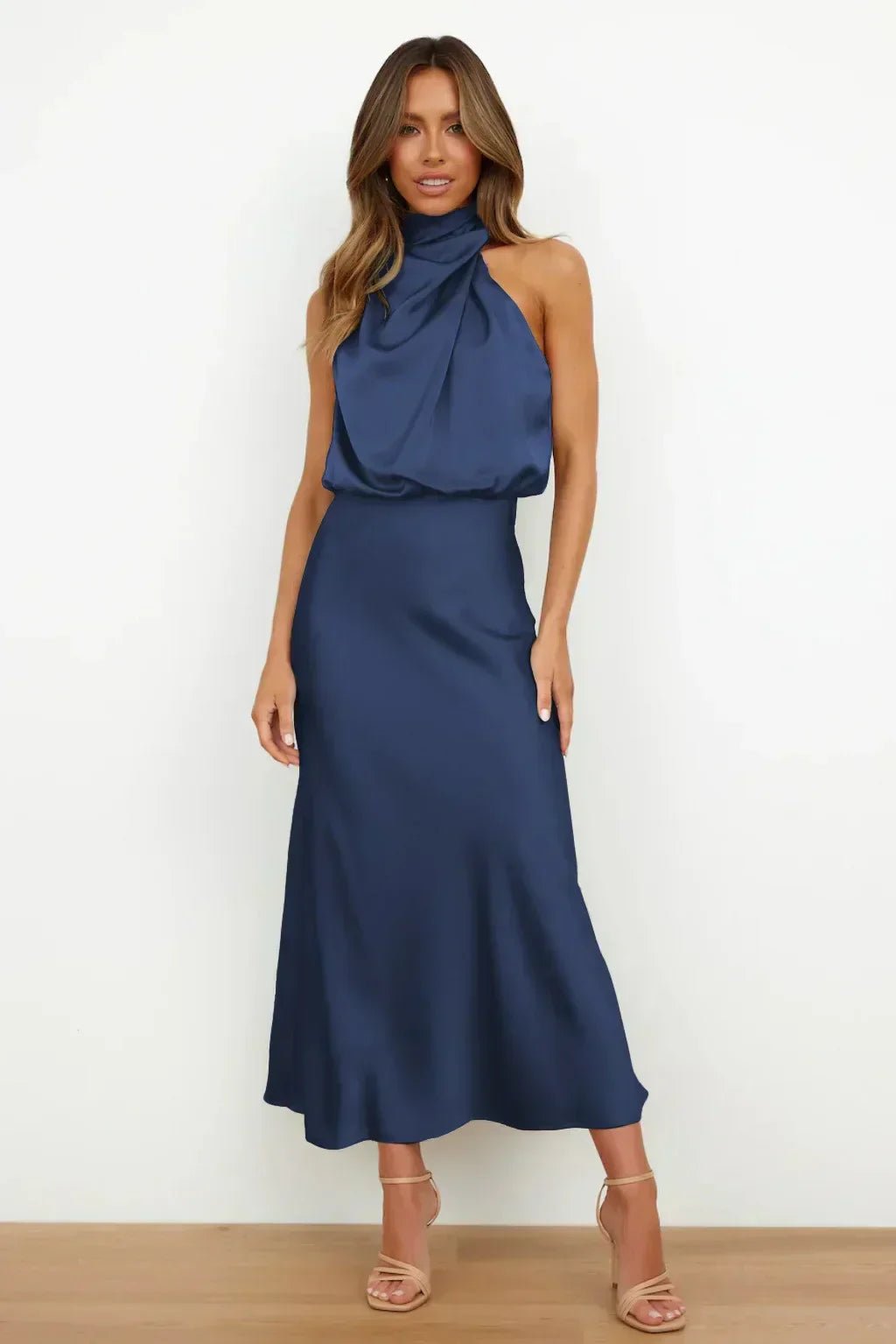 Women's Satin Halter Midi Party Dress - Marine Blue