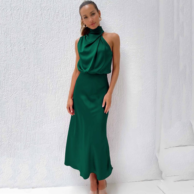 Women's Satin Halter Midi Party Dress - Dark Green