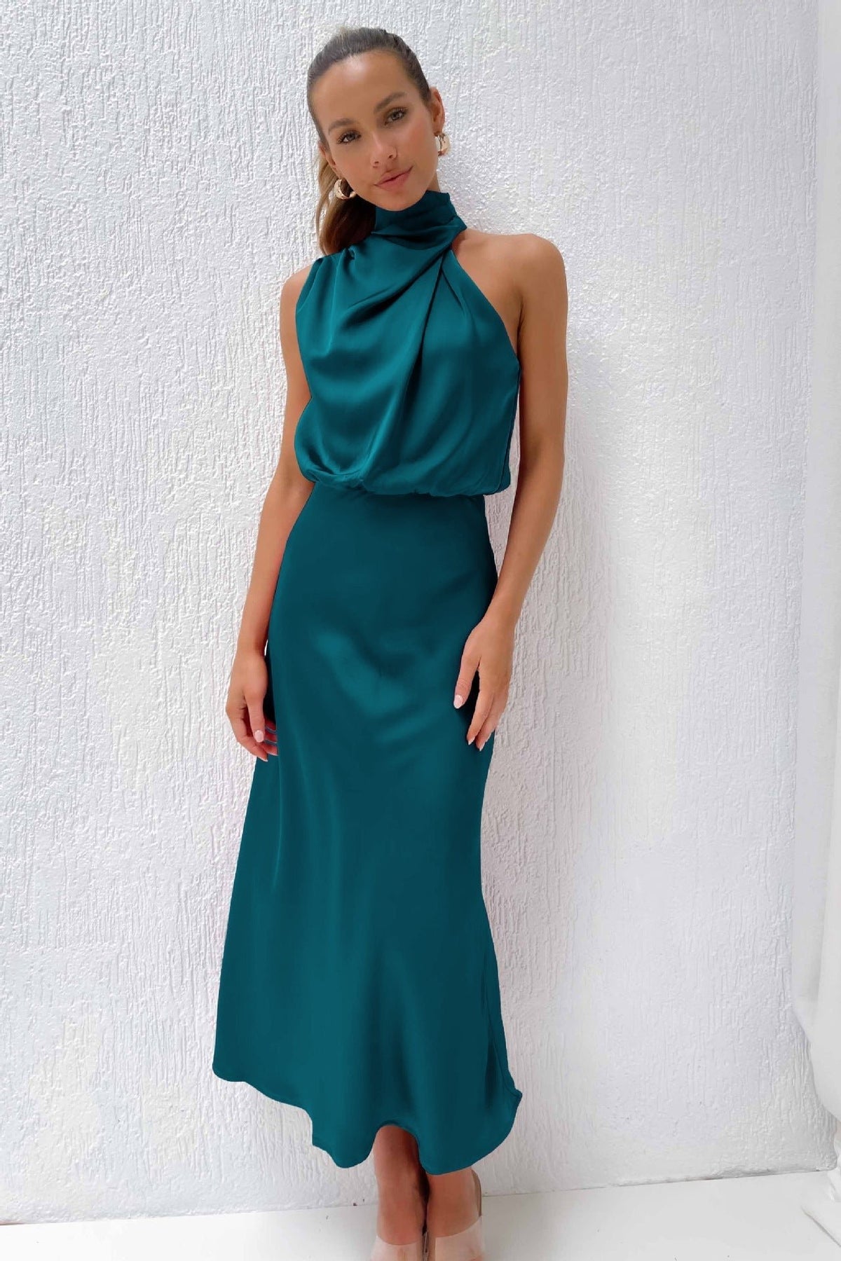Women's Satin Halter Midi Party Dress - Turquoise