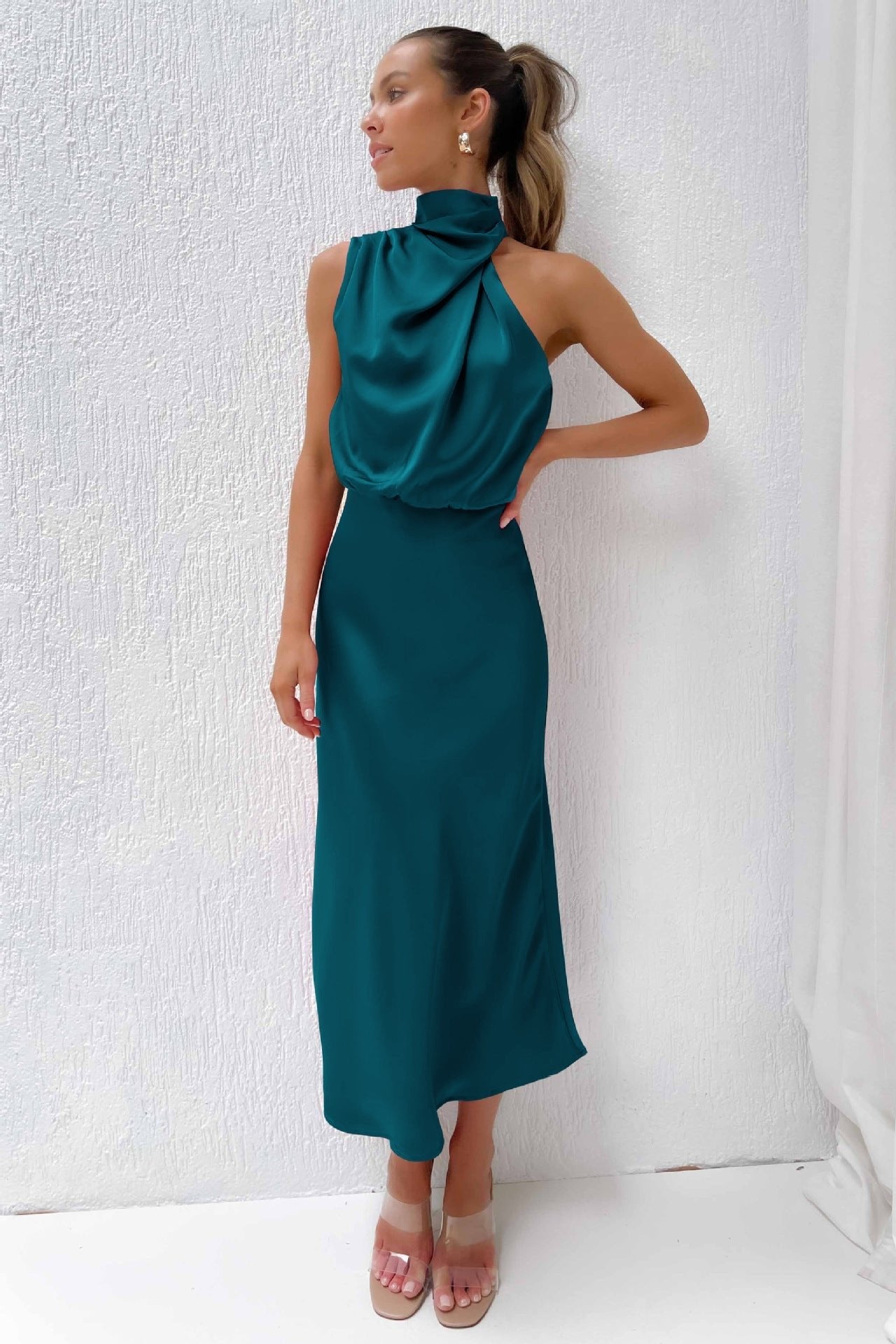 Women's Satin Halter Midi Party Dress