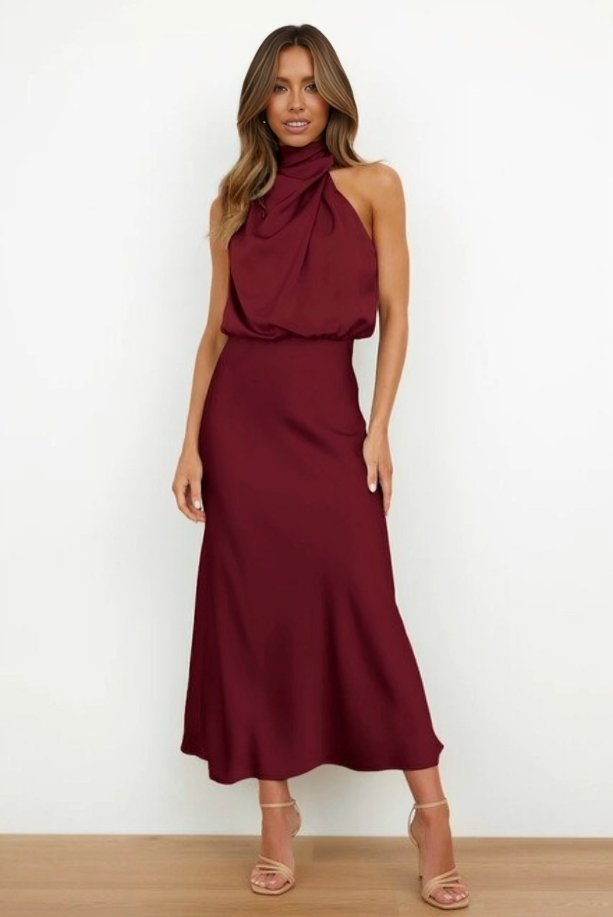 Women's Satin Halter Midi Party Dress - Burgundy Red