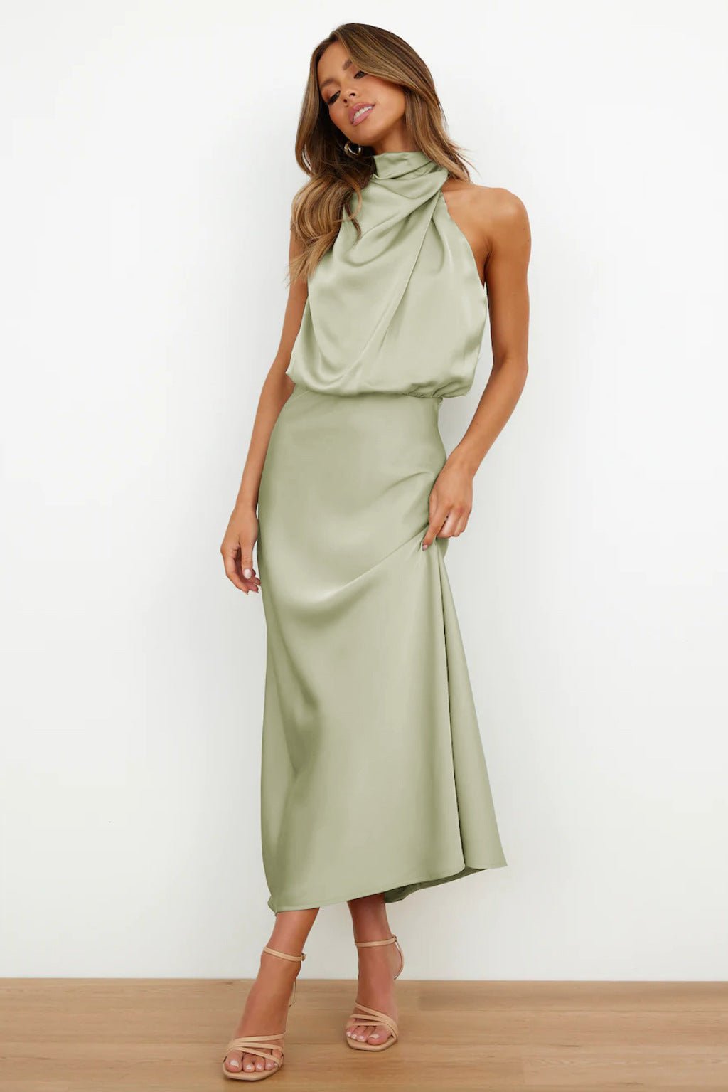 Women's Satin Halter Midi Party Dress