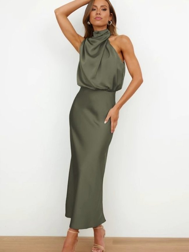 Women's Satin Halter Midi Party Dress