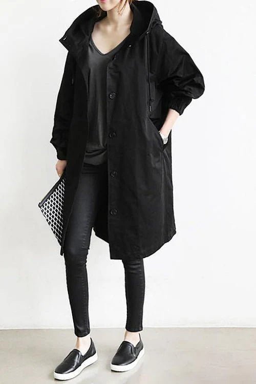 Women's Oversized Midi Hooded Longline Trench Coat - Black