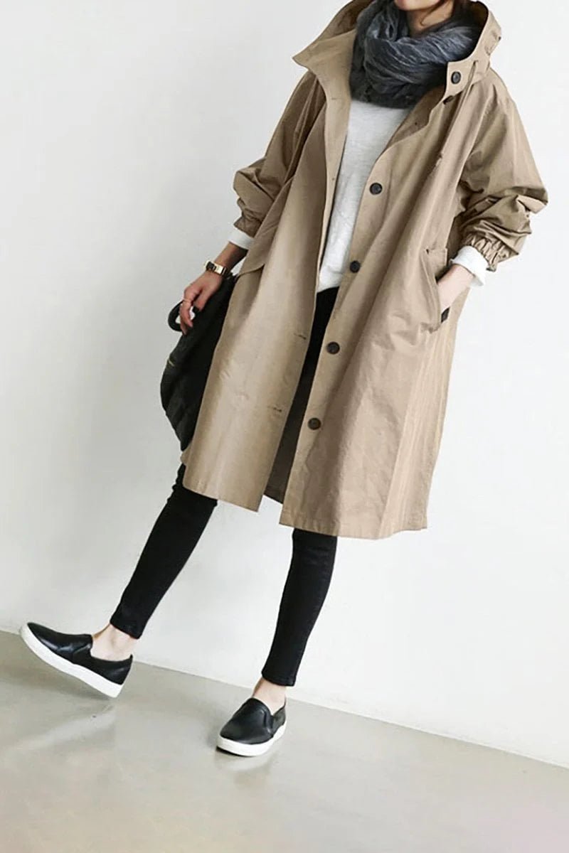 Women's Oversized Midi Hooded Longline Trench Coat - Beige