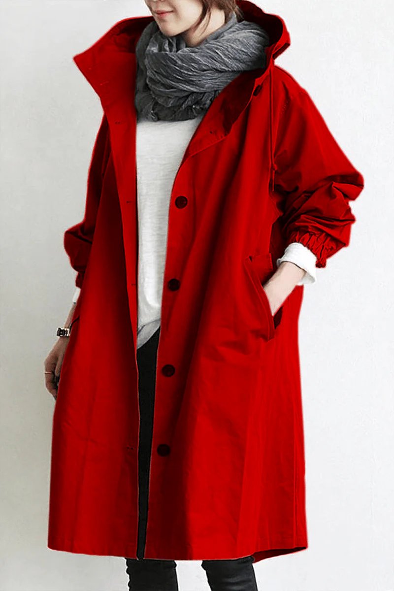 Women's Oversized Midi Hooded Longline Trench Coat - Red