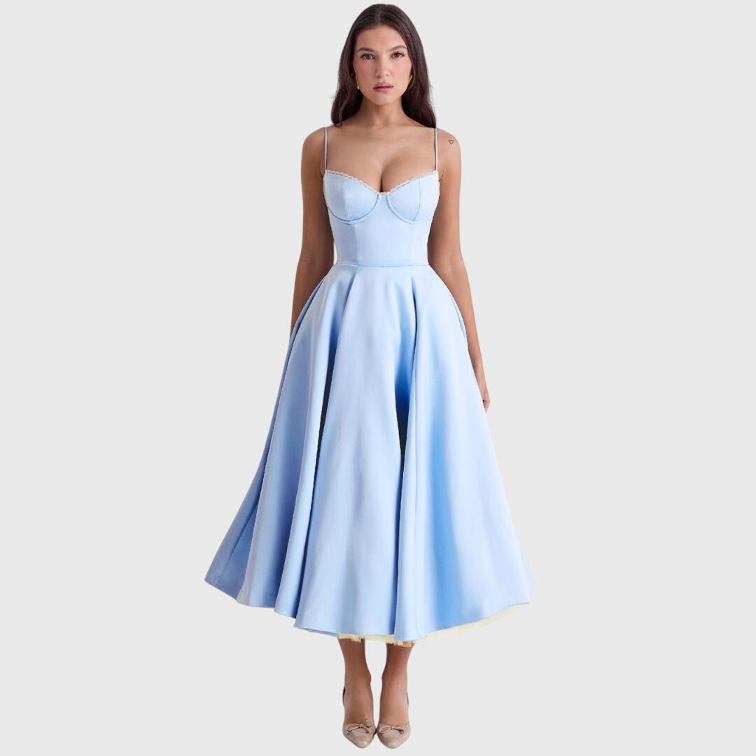 Women's Corset Satin Lace Midi Party Dress - Blue