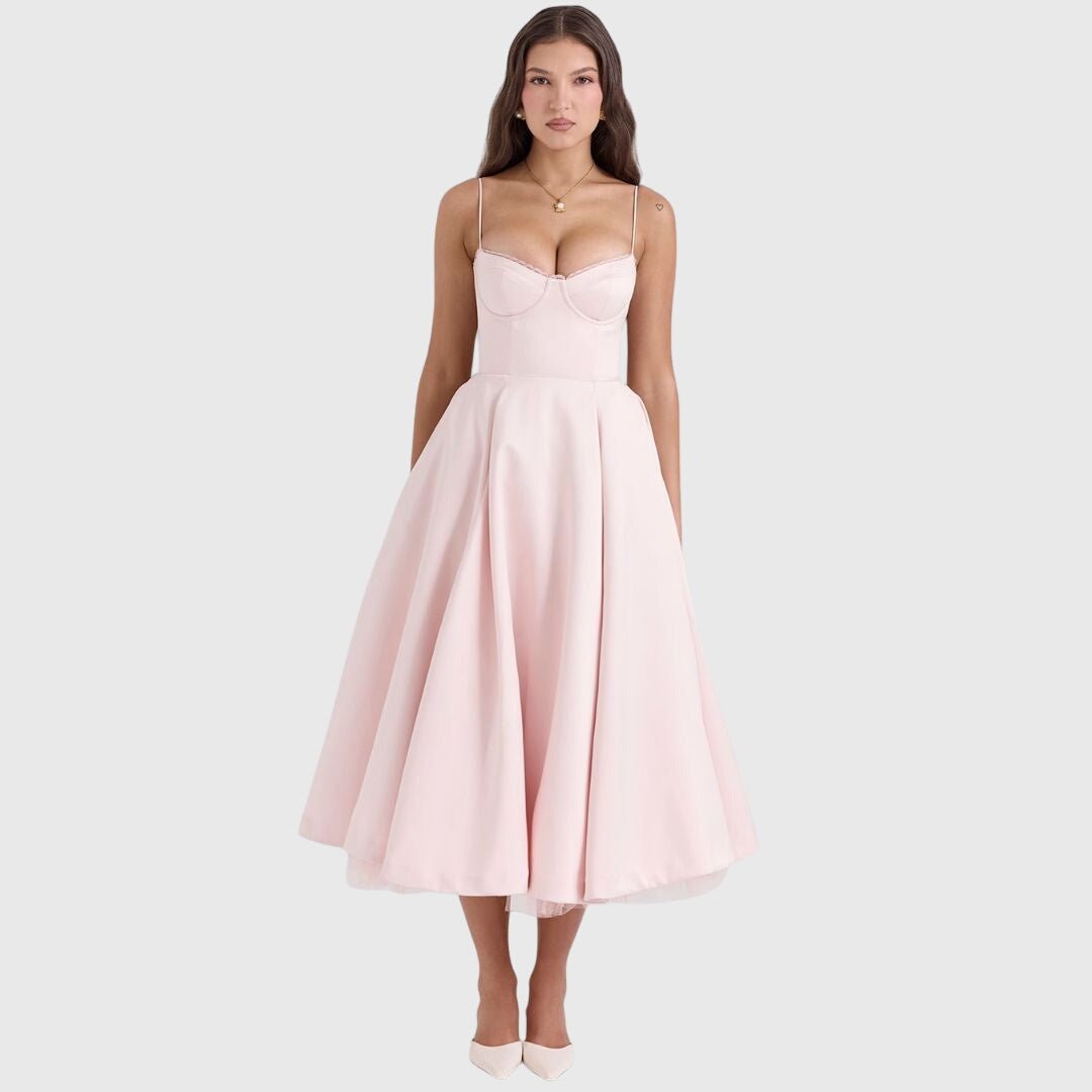 Women's Corset Satin Lace Midi Party Dress - Pink