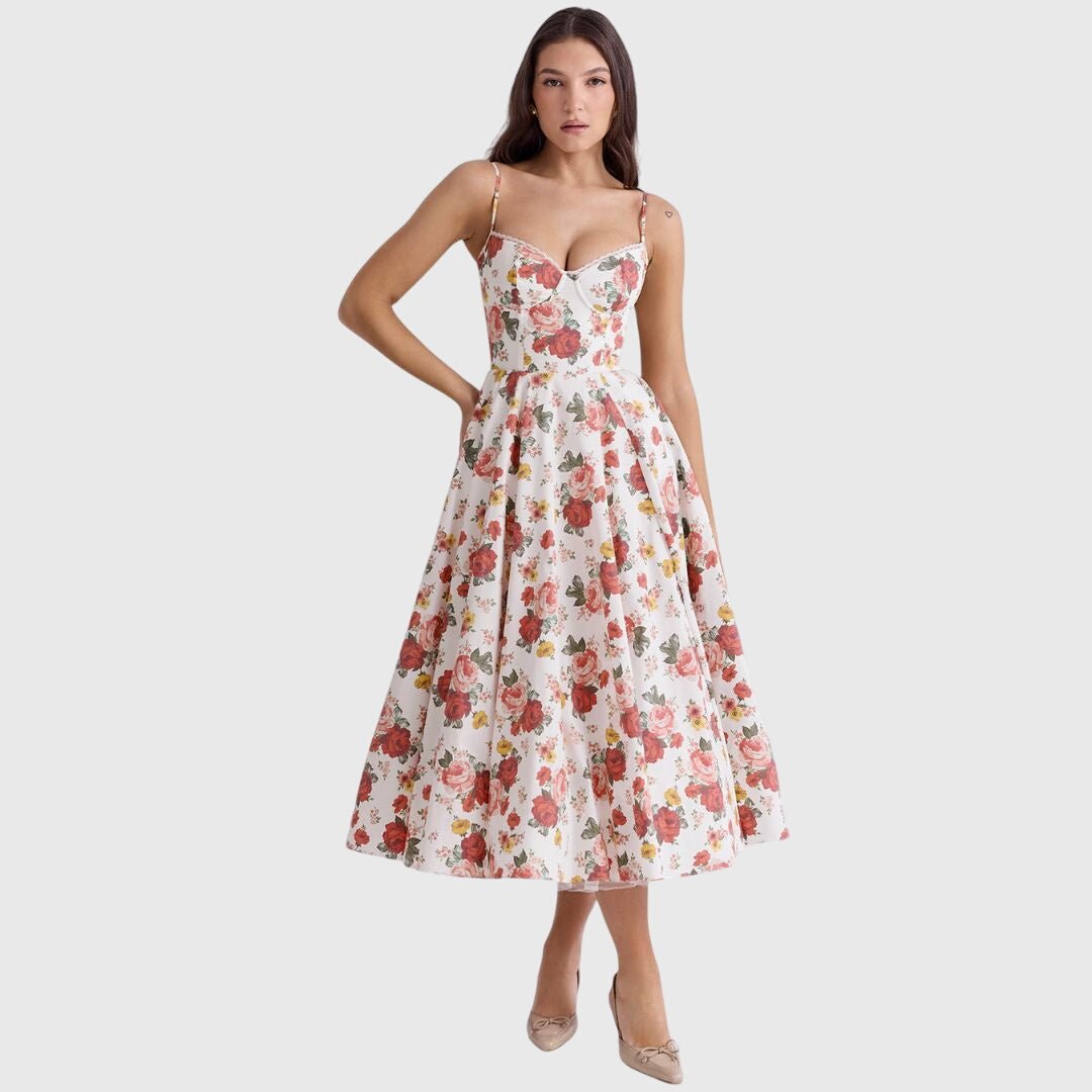 Women's Corset Satin Lace Midi Party Dress - Floral