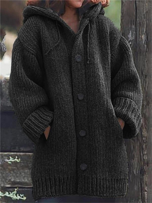 Women's Chunky Oversized Knit Ribbed Hooded Cardigan - Black