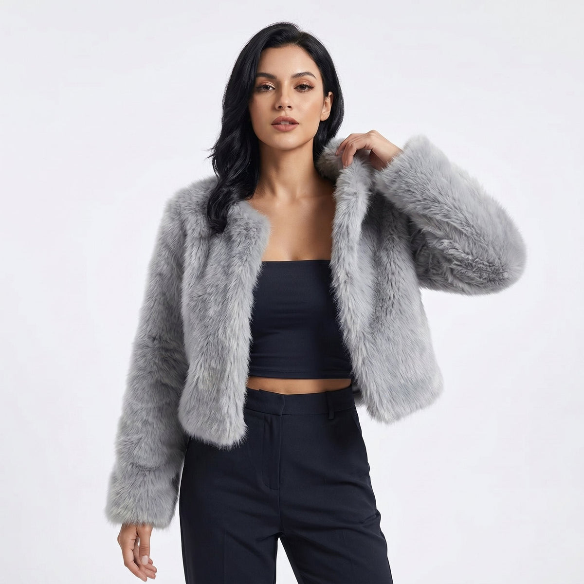 Women's Cropped Faux Fur Jacket - Grey
